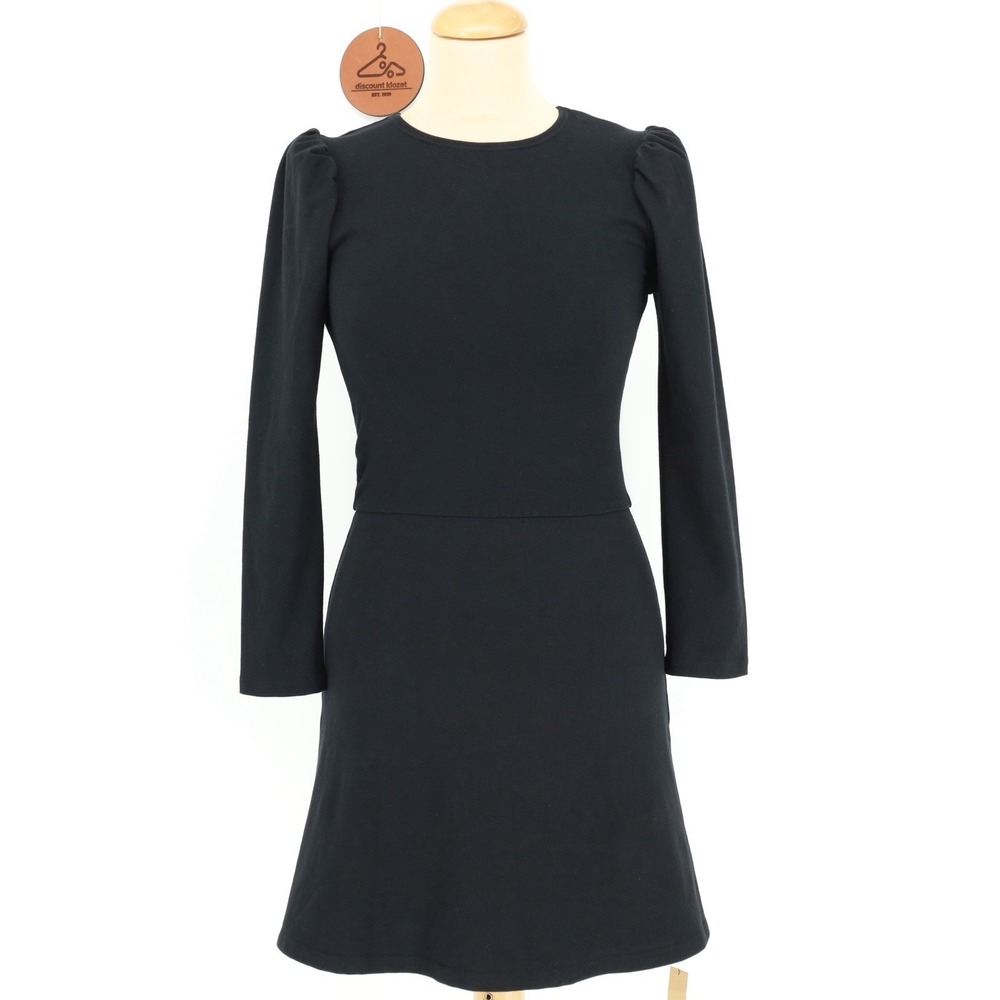 Reformation Trina Mini Dress Crewneck 3/4 Puff Sleeve Cotton Minimalist Black XS